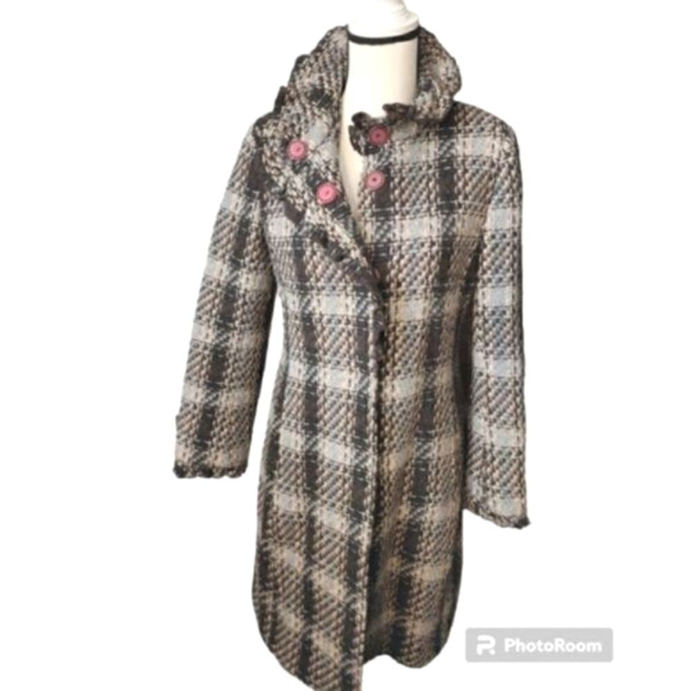 DKNY tweed button down ruffled collaret trench coat